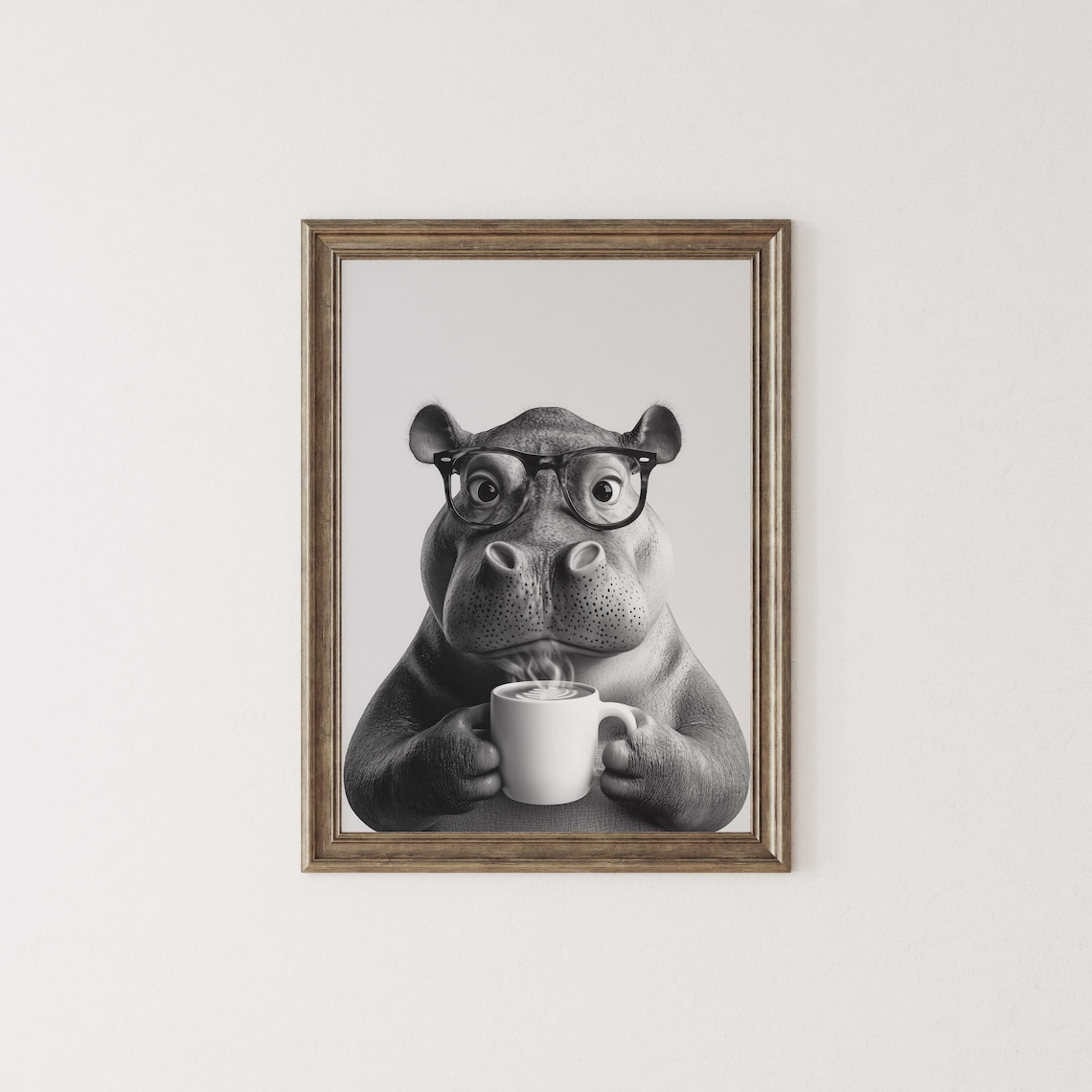 Hippo Wearing Glasses Drinking Coffee Black And White Funny Poster - Image 2