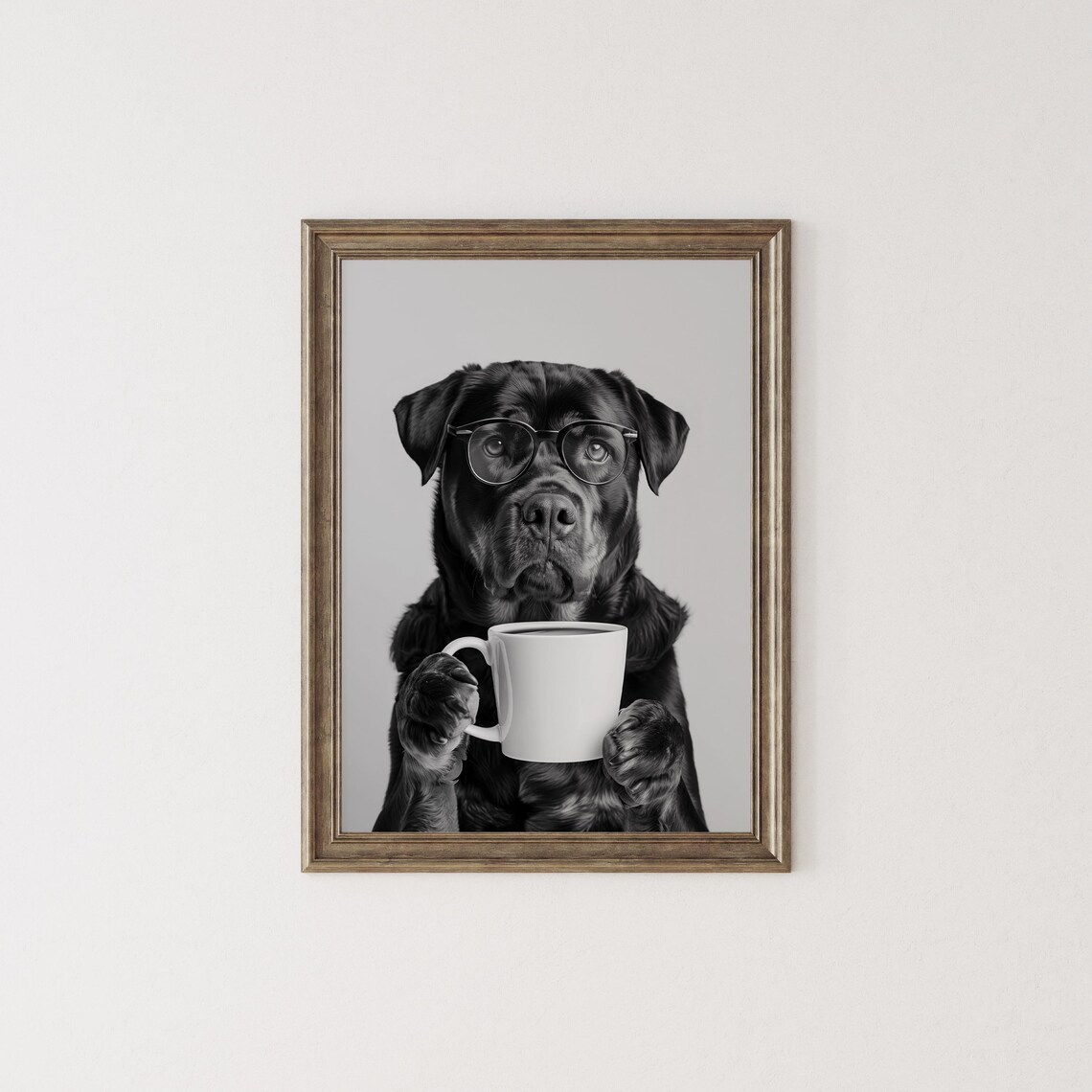 Rottweiler And Coffee Black And White Art Print - Image 2