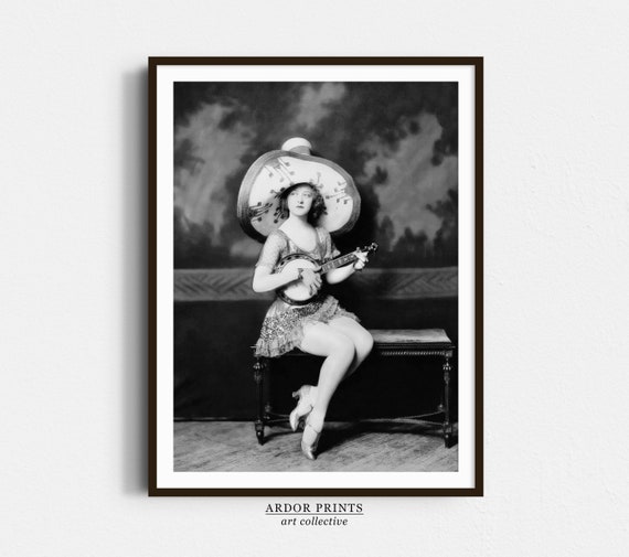 Vintage Girl With Banjo And Sombrero Wall Art 1920s Fashion Beauty Ziegfeld Follies Black And White Print Flapper Girl Retro Wall Decor