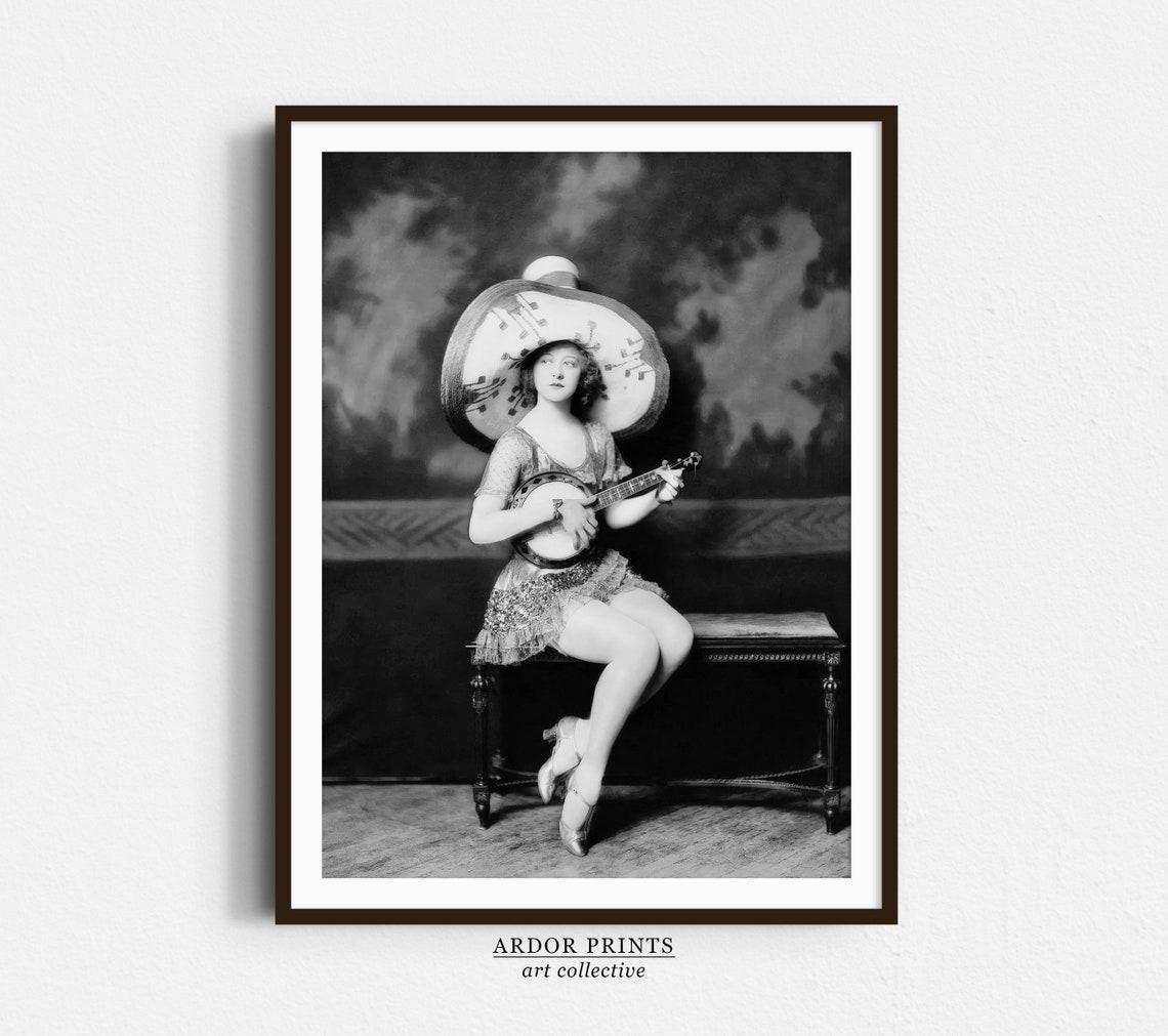 Vintage Girl With Banjo And Sombrero Wall Art 1920s Fashion Beauty Ziegfeld Follies Black And White Print Flapper Girl Retro Wall Decor