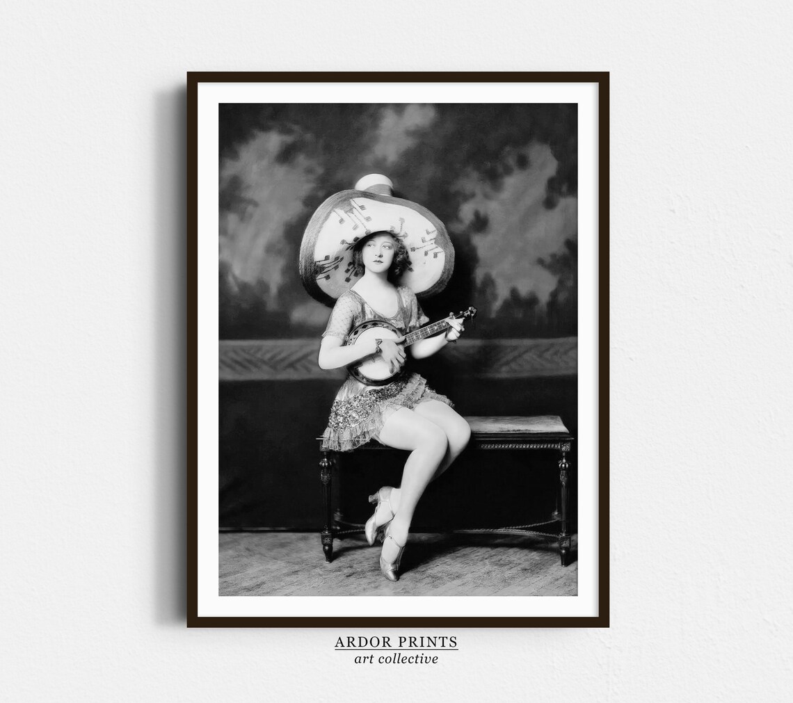 Woman With Oversized Sombrero Holding Banjo Vintage Stage Costume Poster