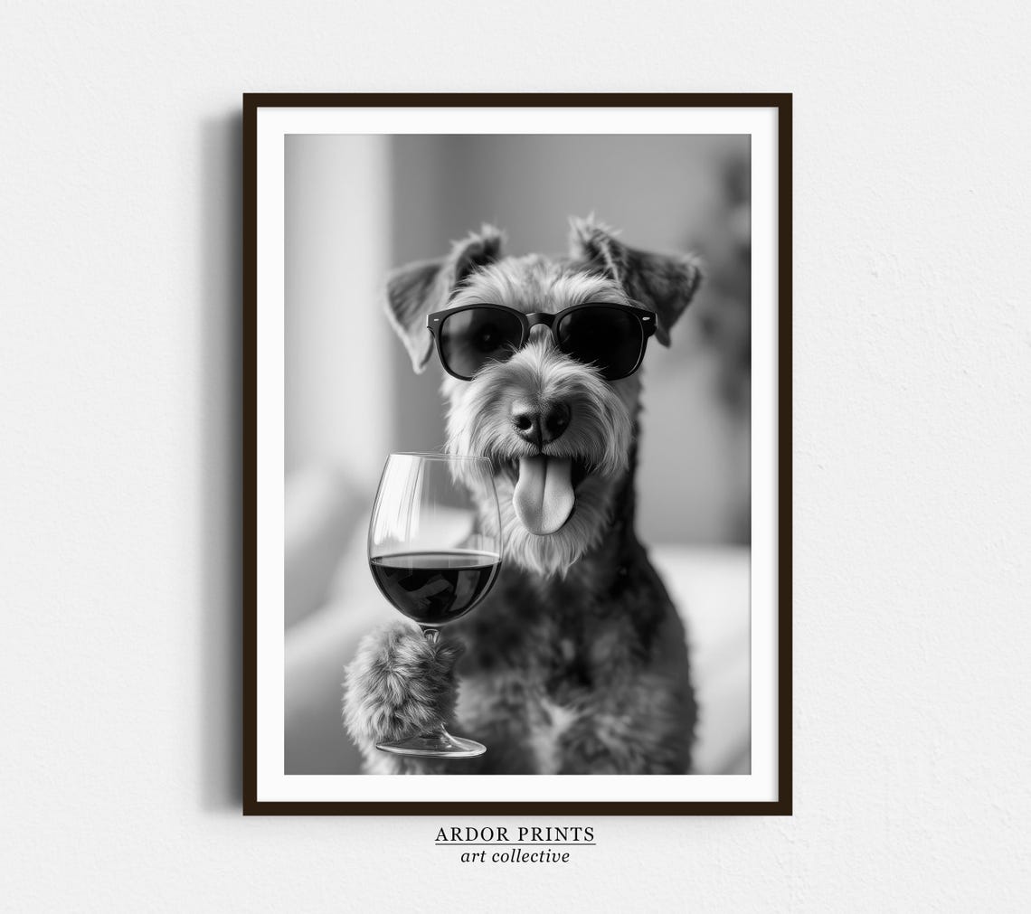 Airedale Terrier Drinking Wine Sunglasses Funny Dog Portrait Print