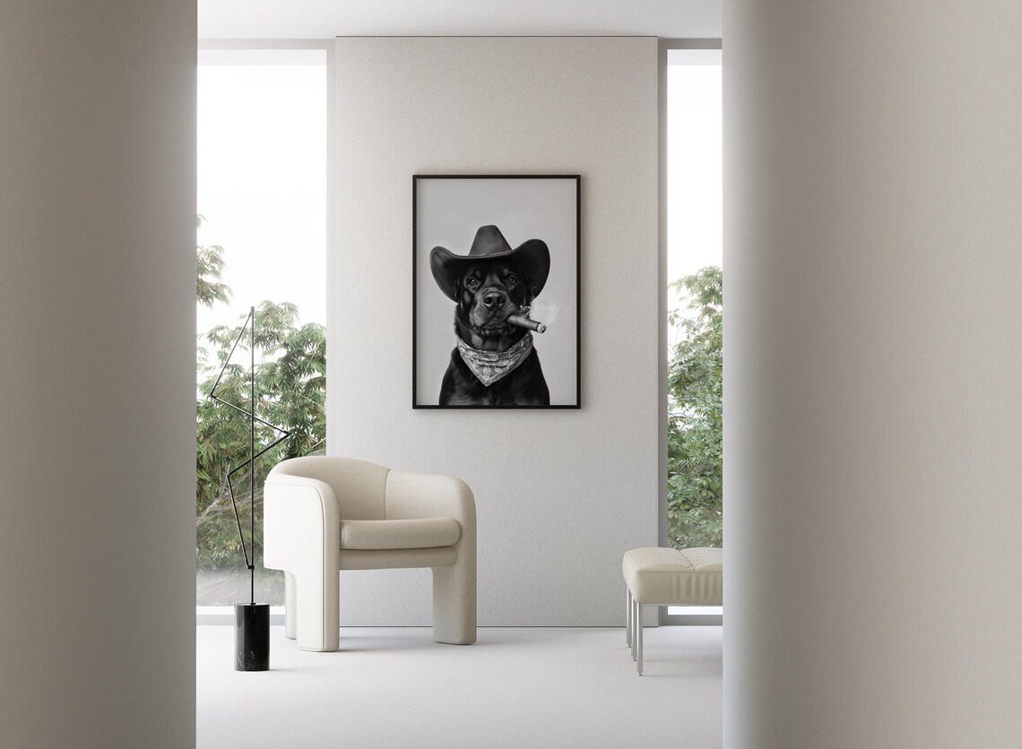 Rottweiler Cowboy Wall Art Western Print Black And White Print Dog Owner Gift Western Dog Art Vintage Dog Poster Trendy Retro Decor - Image 3