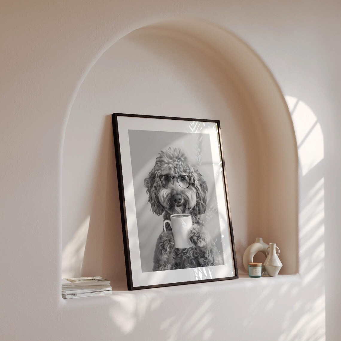 Goldendoodle and Coffee Black and White Art Print - Image 4