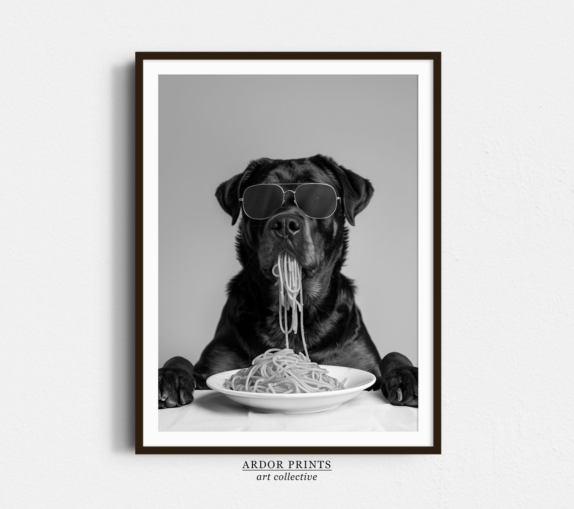 Rottweiler Wearing Sunglasses Eating Spaghetti Black and White Poster