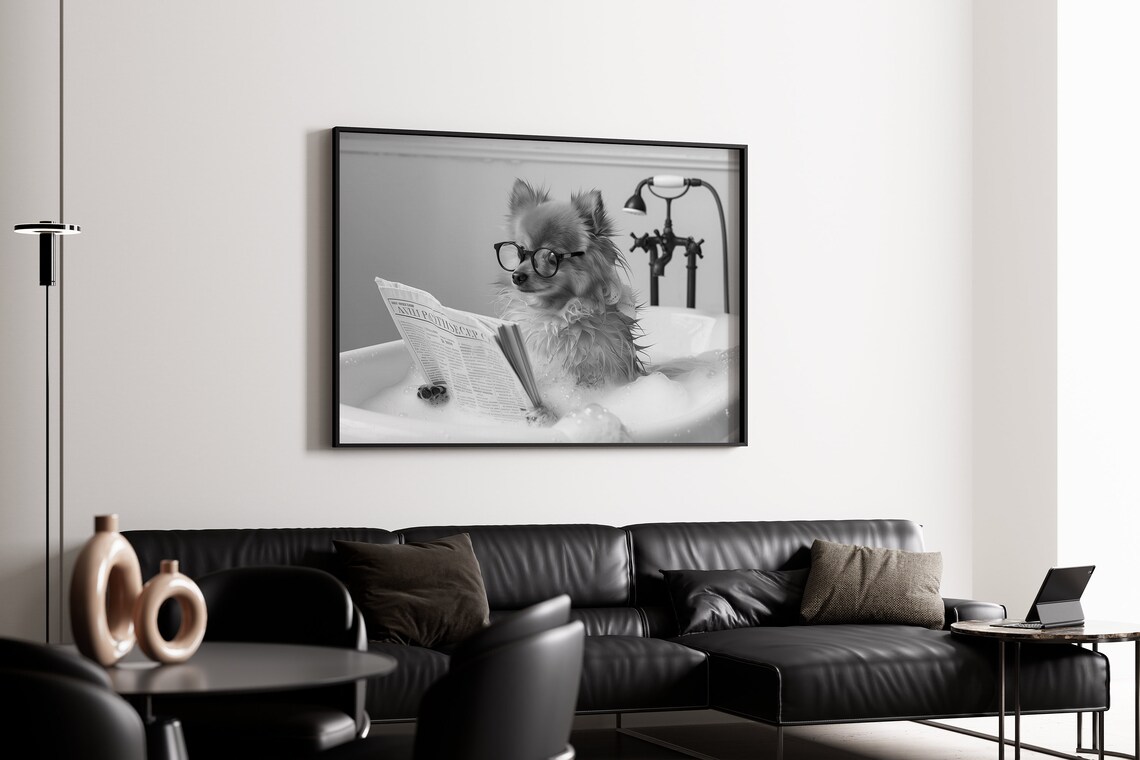Pomeranian Reading Newspaper in Bubble Bath Black and White Poster - Image 4