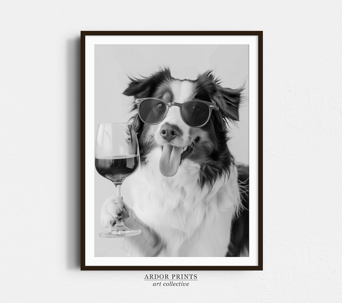Australian Shepherd Holding Wine, Funny Dog Poster
