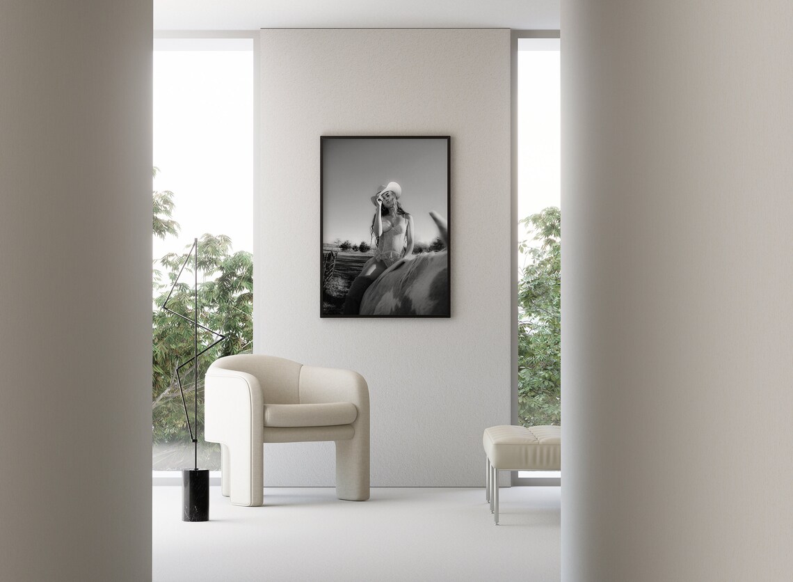 Woman in Lingerie and Cowboy Hat Riding Horse Black White Poster - Image 2