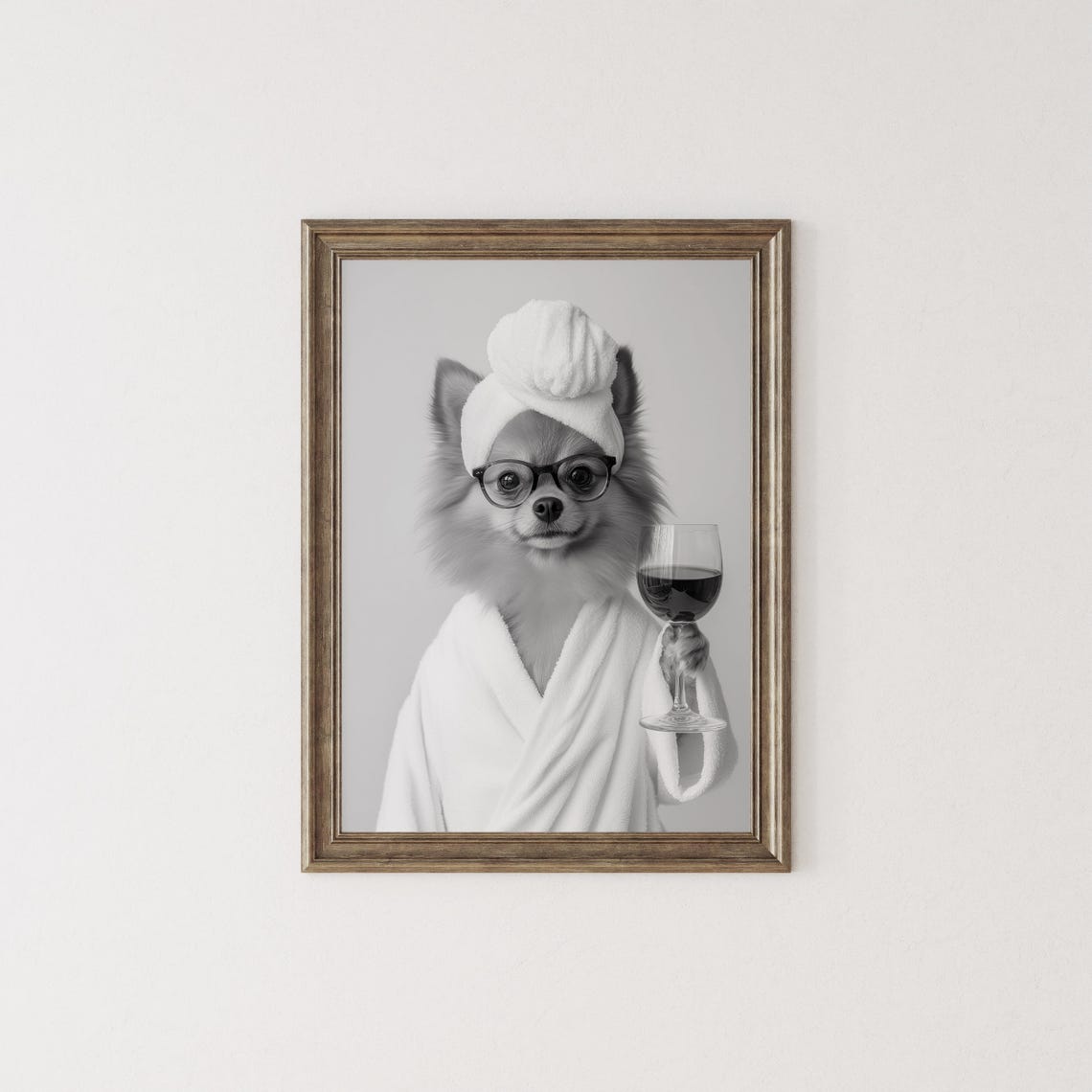 Pomeranian In Bathrobe Holding Wine Glass Funny Bathroom Poster - Image 2