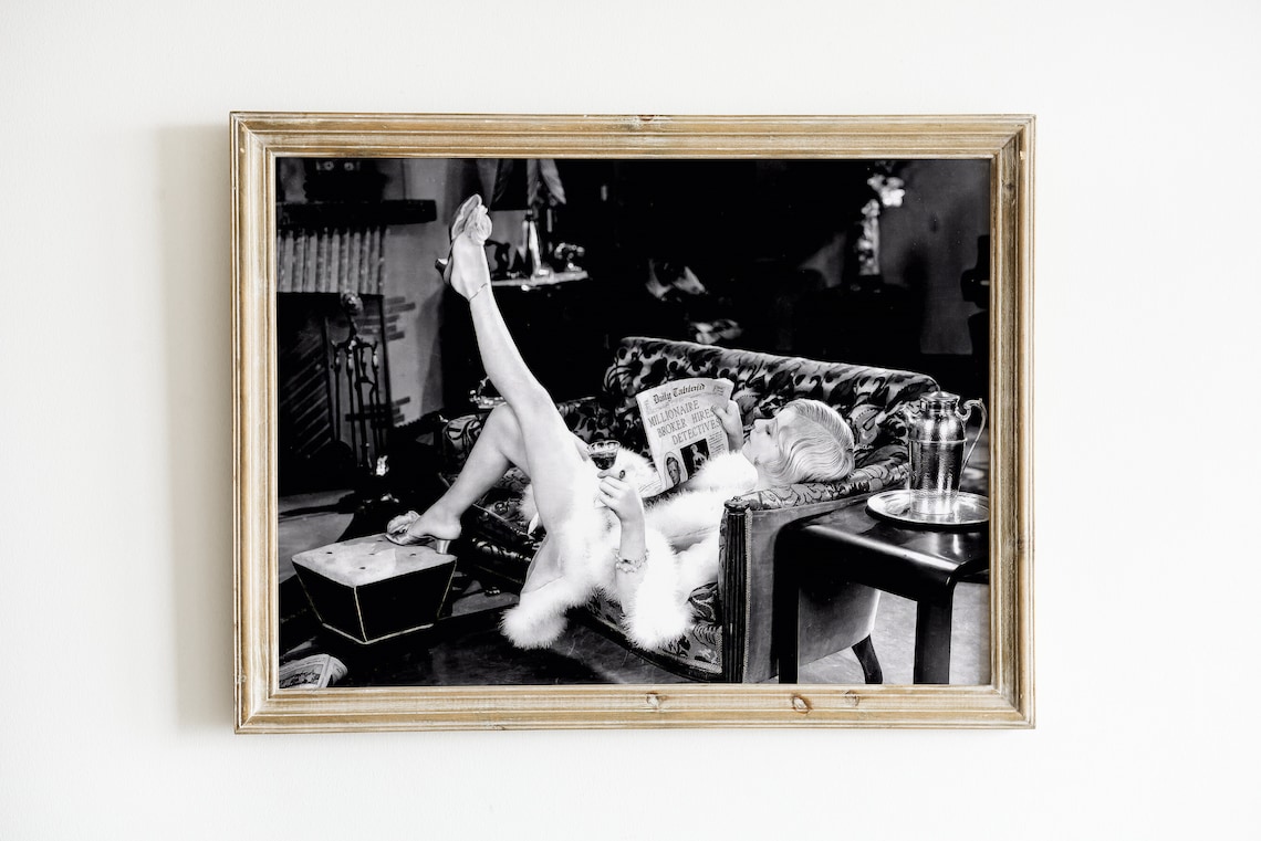 Woman Drinking Wine and Reading Newspaper, Vintage Print - Image 4