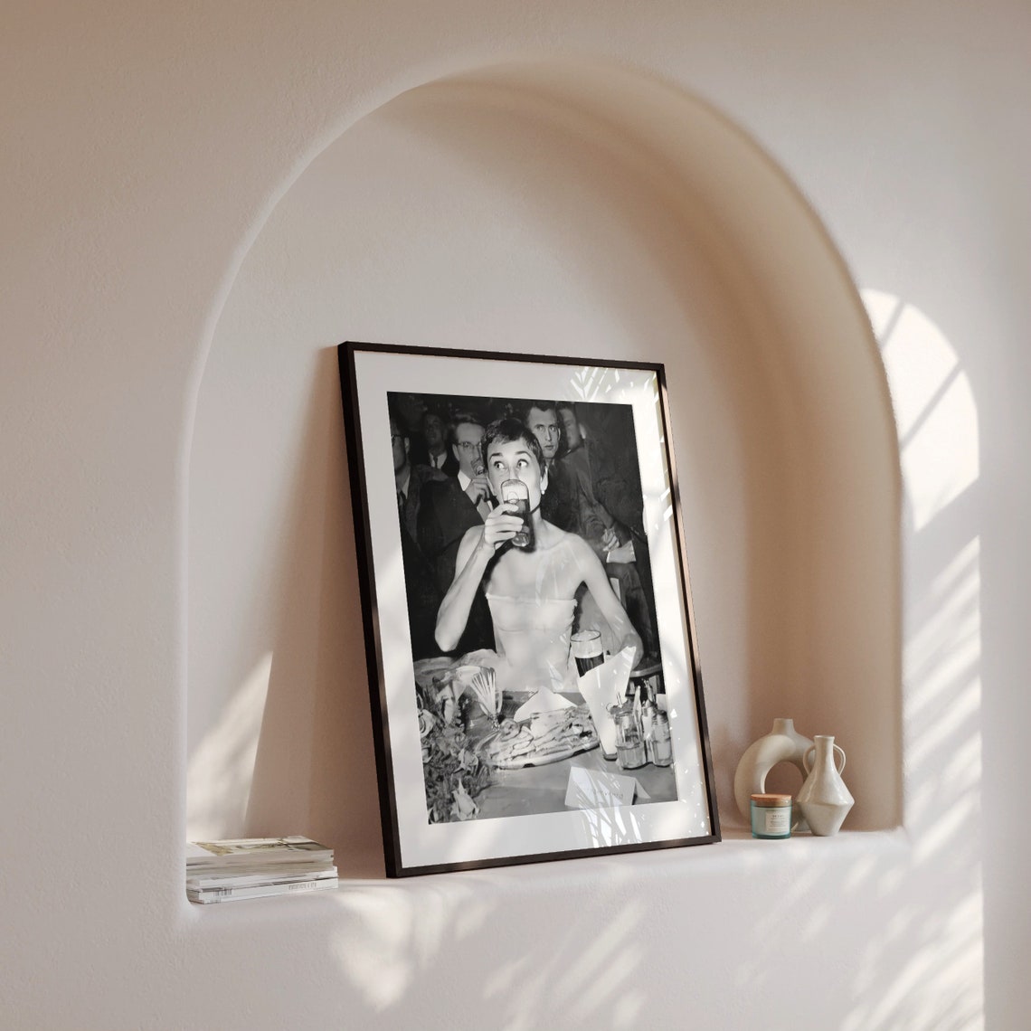 Audrey Hepburn Sipping Beer at Party Black and White Photo Poster - Image 4