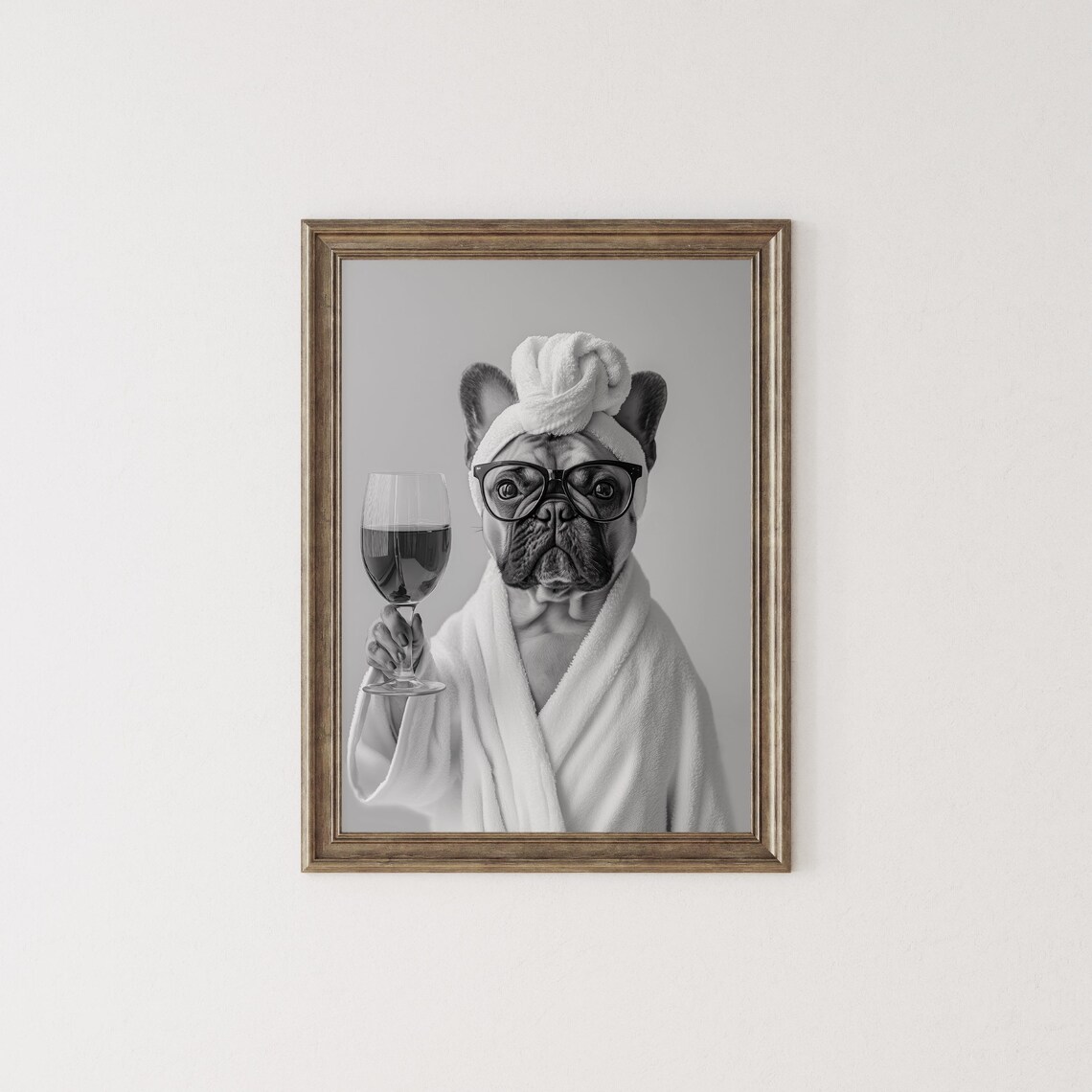 French Bulldog In Bathrobe Holding Wine Art Print - Image 2