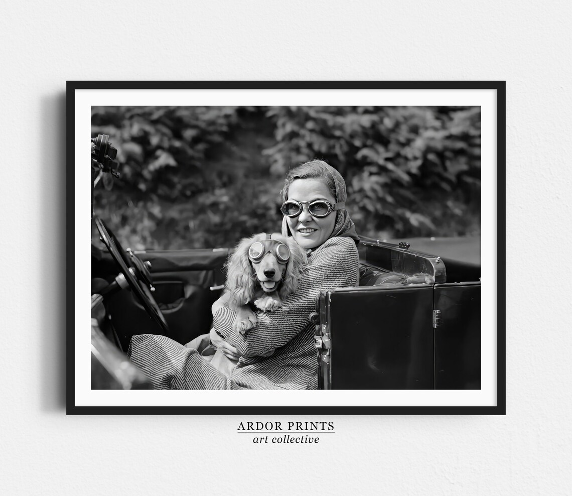 Woman and Dachshund in Vintage Convertible Black and White Poster