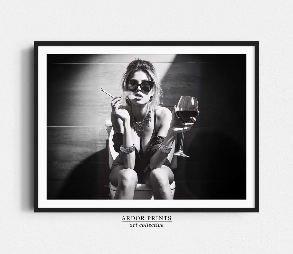 Girl On Toilet Drinking Wine Black and White Poster