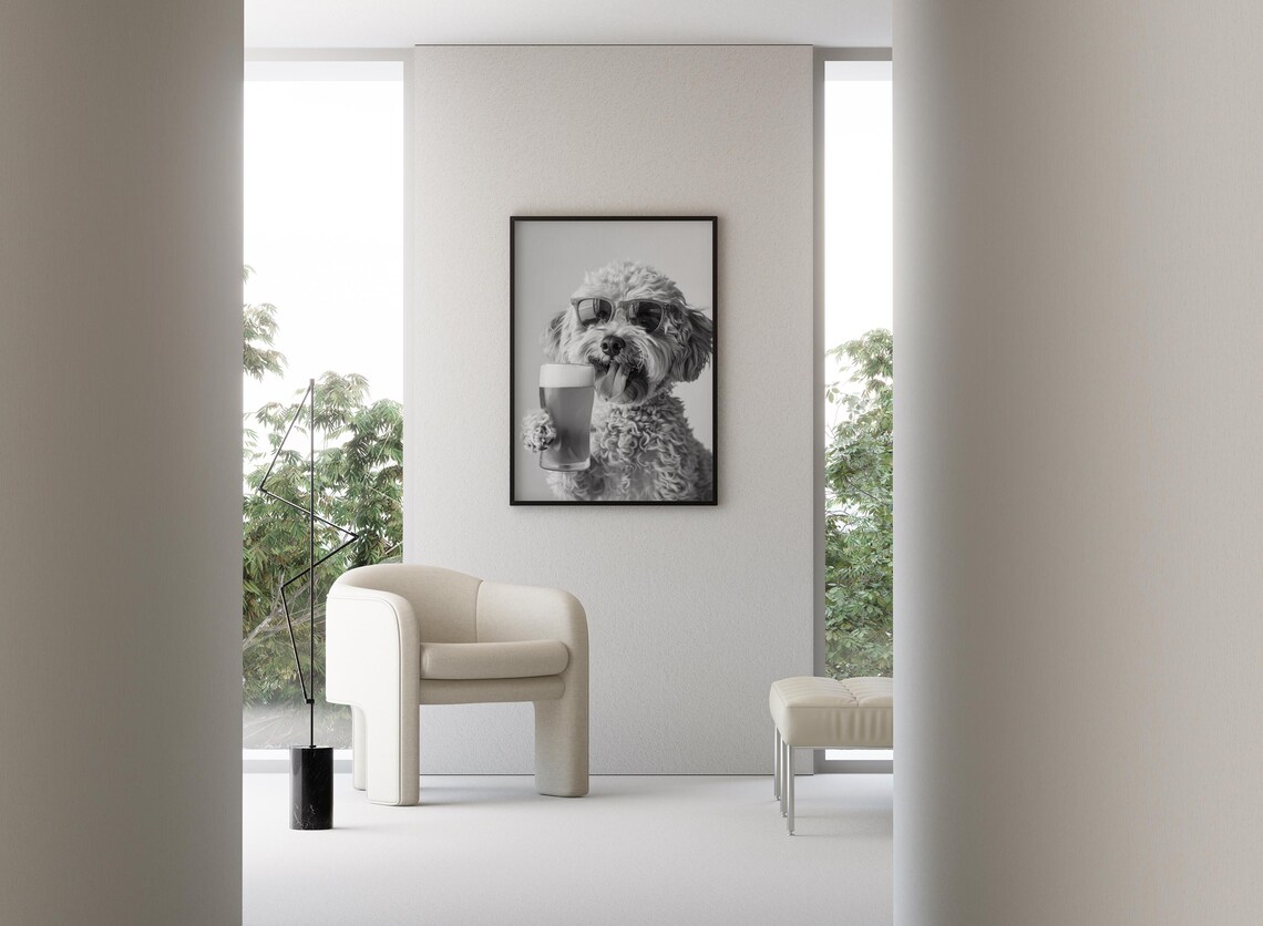 Cockapoo Drinking Beer Black And White Art Print - Image 3
