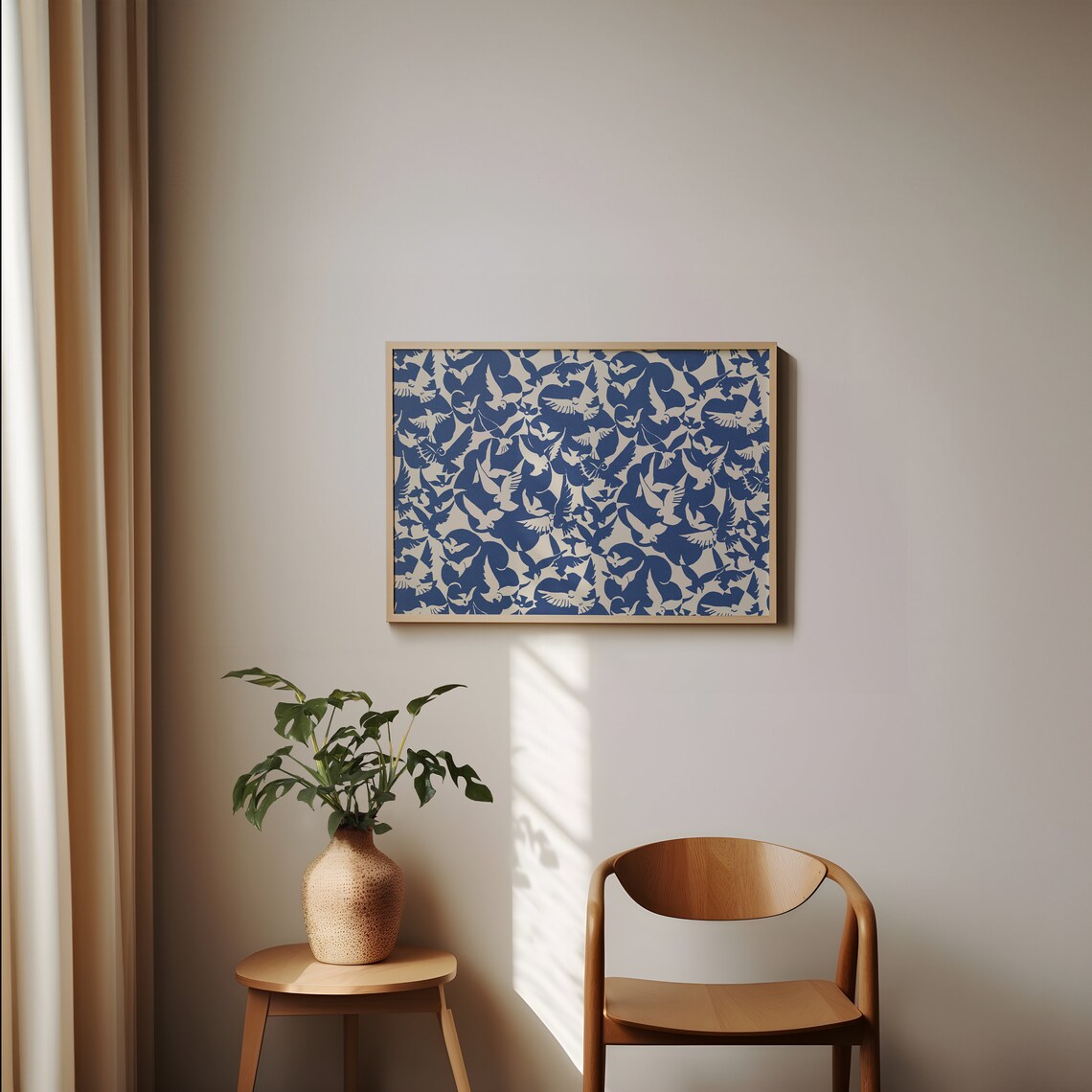 Vintage Abstract Bird Pattern, Blue And White Pigeons - Image 3