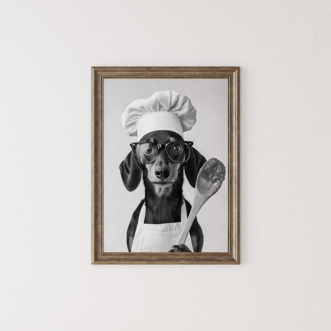 Dachshund Chef With Hat and Glasses Black and White Funny Poster - Image 2