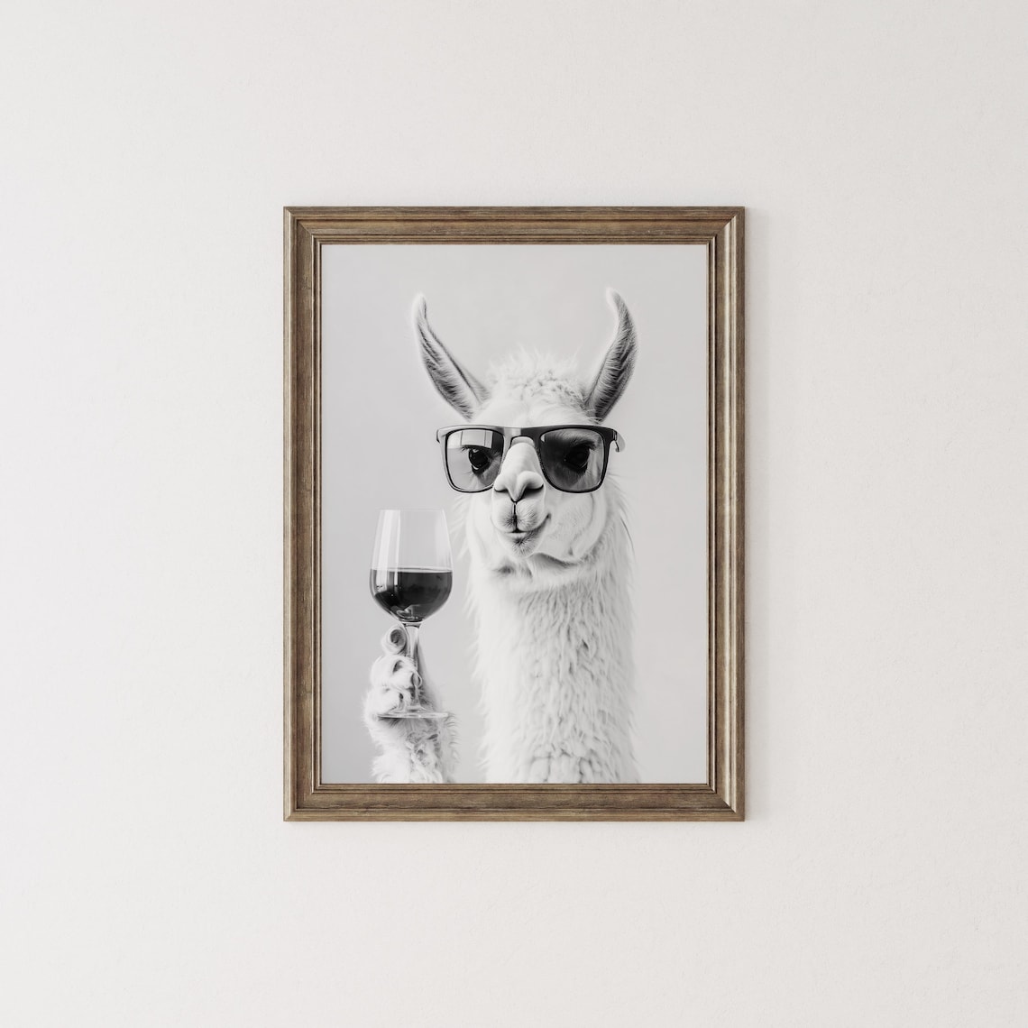 Llama Drinking Wine, Black And White Art Print - Image 3