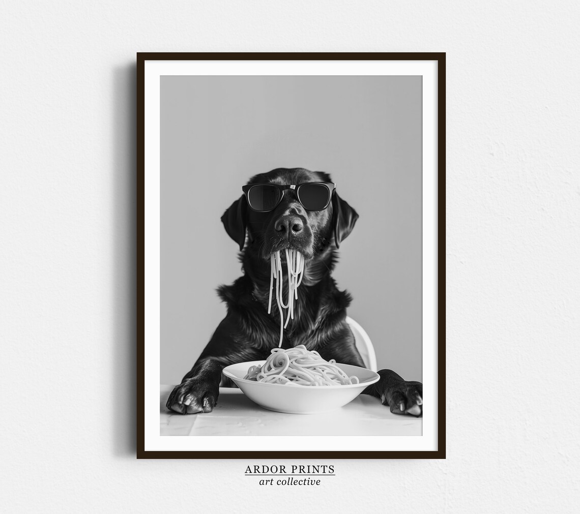 Labrador Eating Pasta, Funny Dog Kitchen Art Print