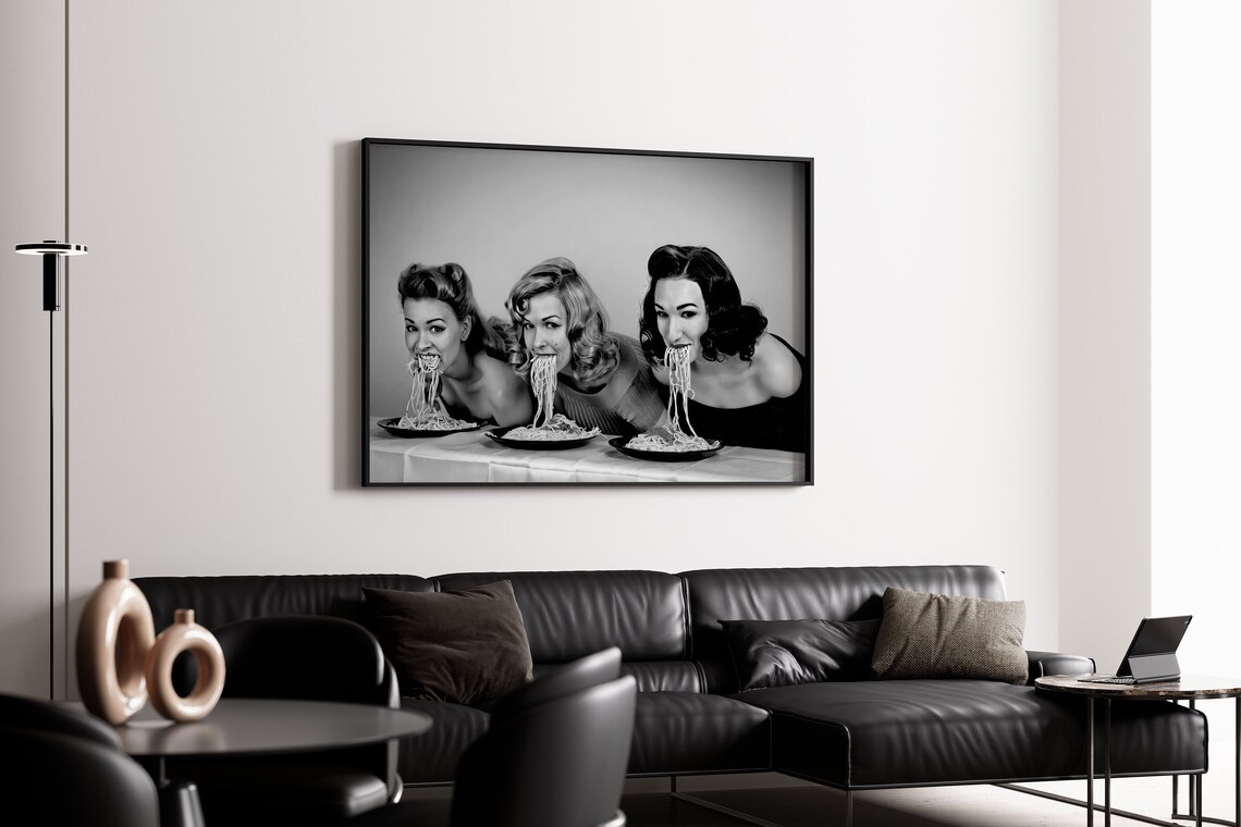 Three Women Eating Spaghetti Vintage Black White Funny Photo Poster Art - Image 3