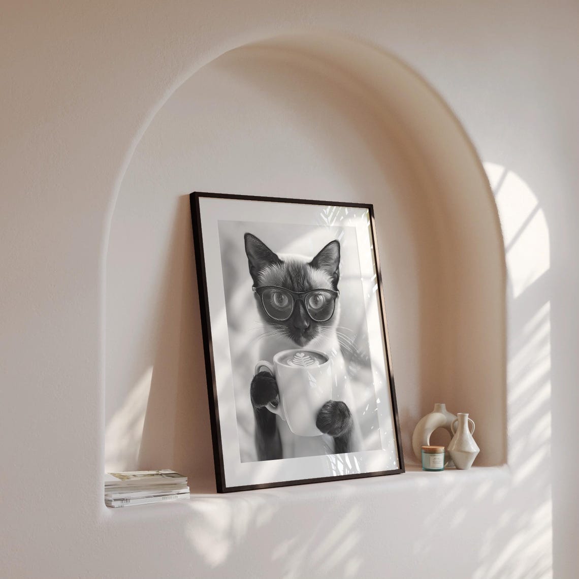 Siamese Cat Coffee Break Funny Cat With Glasses Drinking Coffee Poster - Image 4