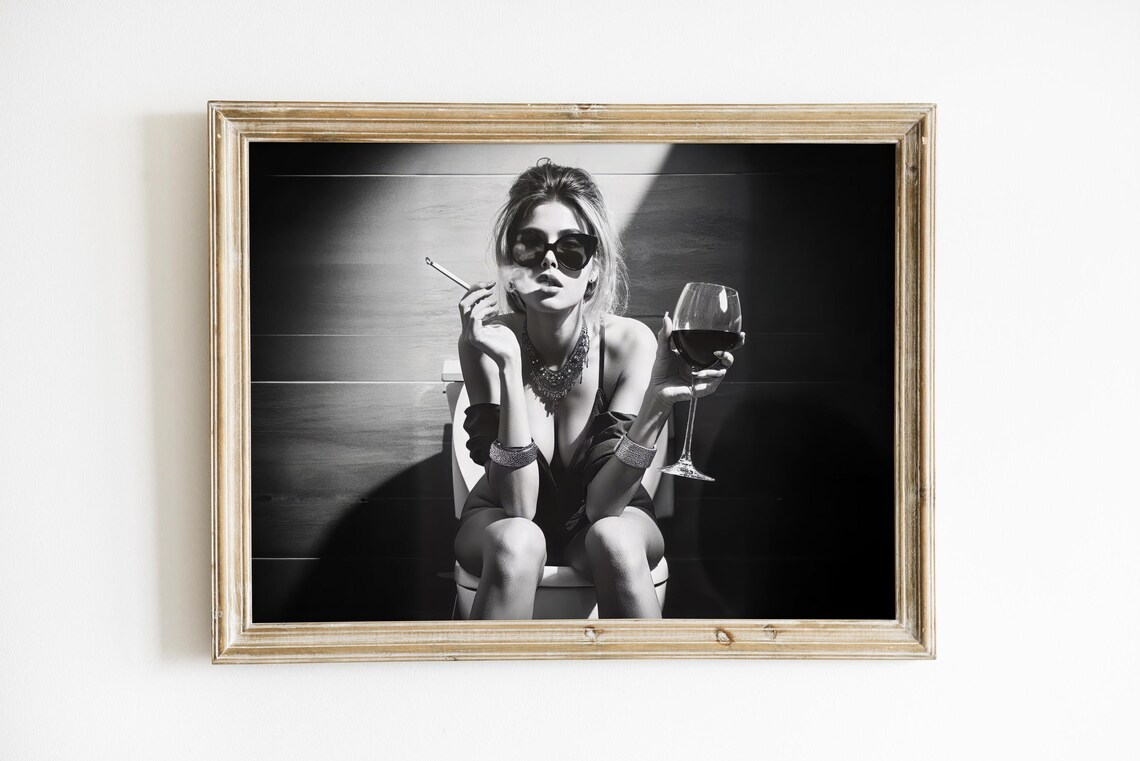 Girl On Toilet Drinking Wine Black and White Poster - Image 3