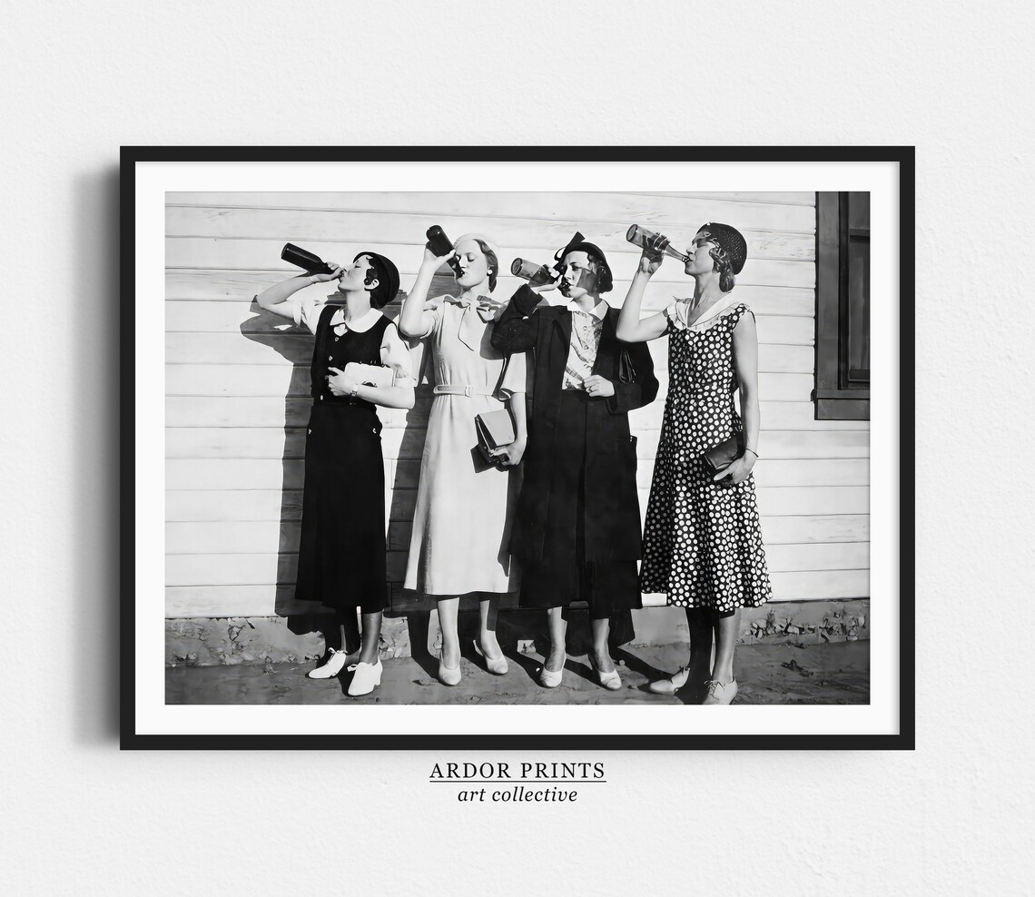 Vintage Women Drinking Beers Poster, Retro Bar Decor