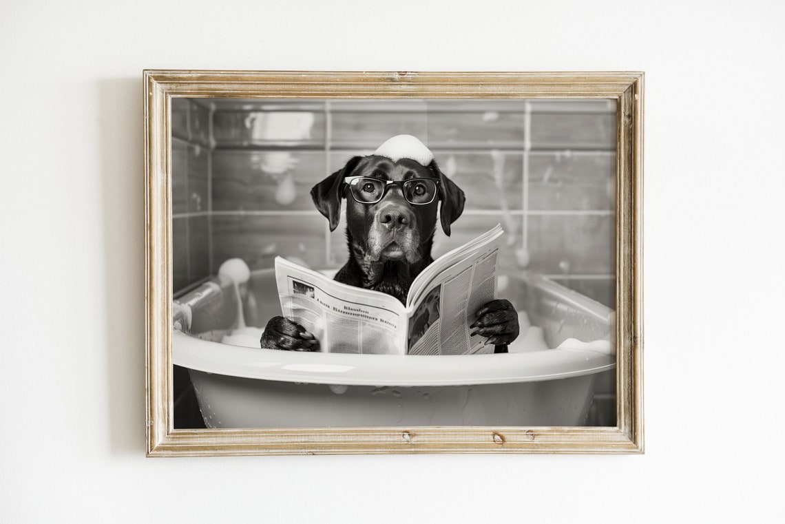 Labrador Reading Newspaper in Bubble Bath Black and White Poster - Image 3