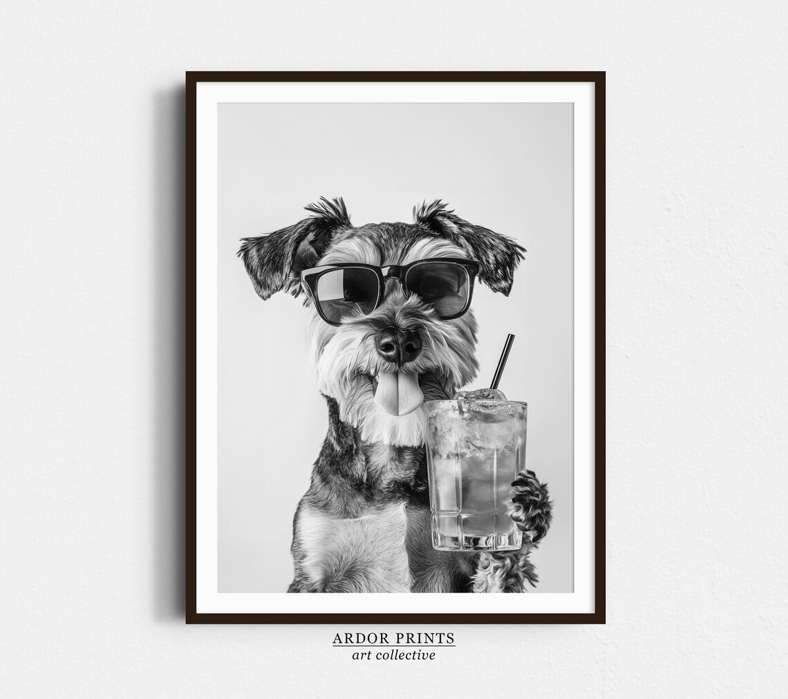 Mini Schnauzer Holding Cocktail Poster, Black And White
