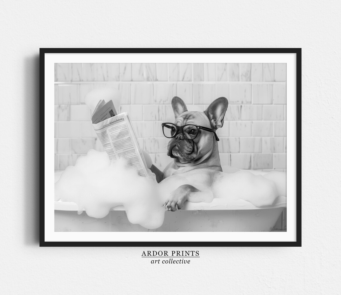 French Bulldog in Bathtub, Funny Dog Bathroom Art Print