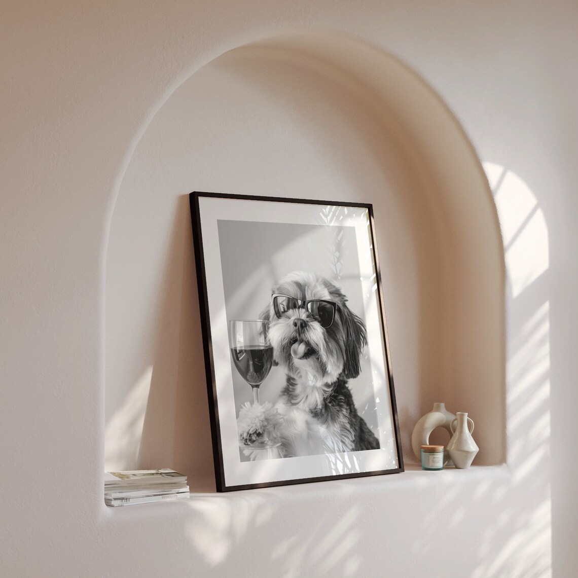 Shih Tzu and Wine Black and White Art Print - Image 4