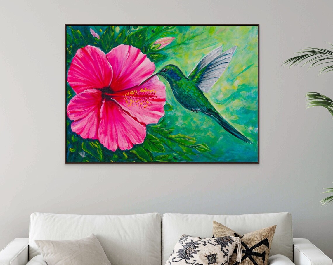 Hibiscus Flower Hummingbird Painting Tropical Pink Green Art Poster