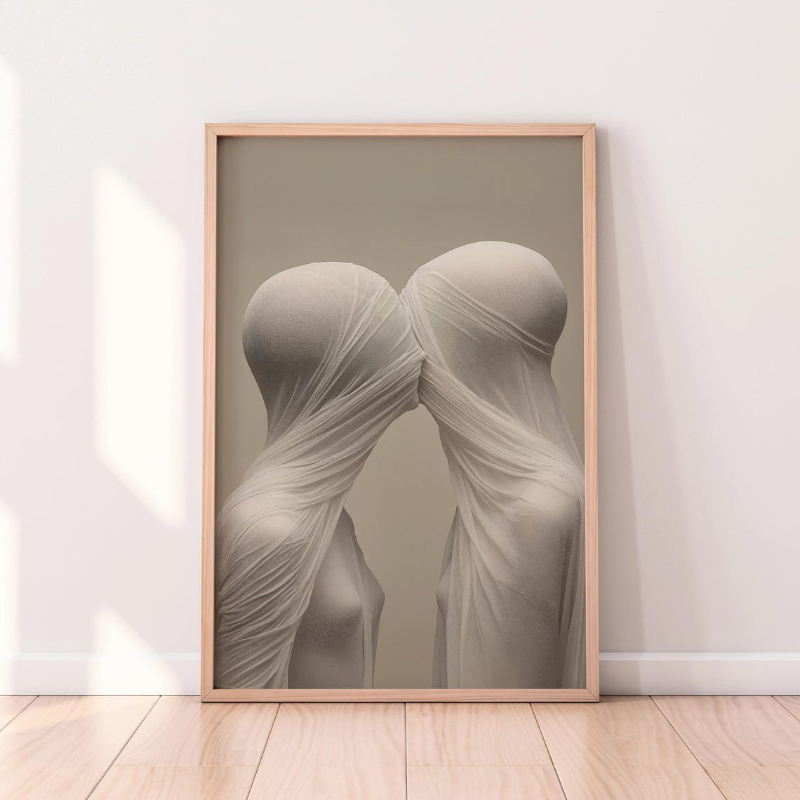 Surreal Veiled Lovers Embracing Minimalist Romantic Wall Art