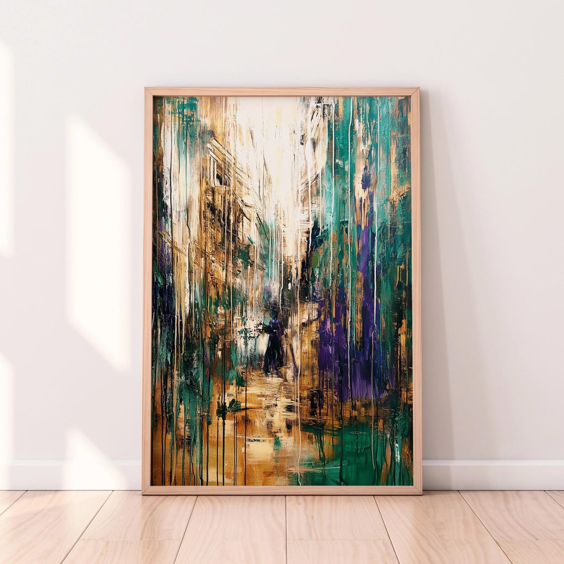 Abstract Rainy City Street Textured Gold Green Painting Poster