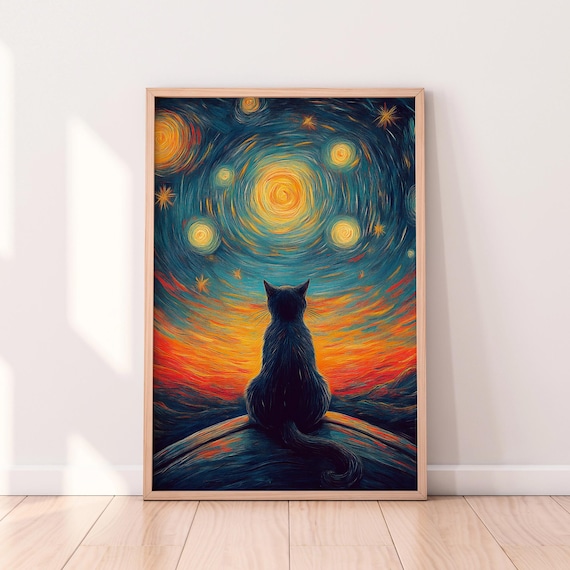 Starry Night Cat Silhouette Swirling Cosmic Sky Painting Poster