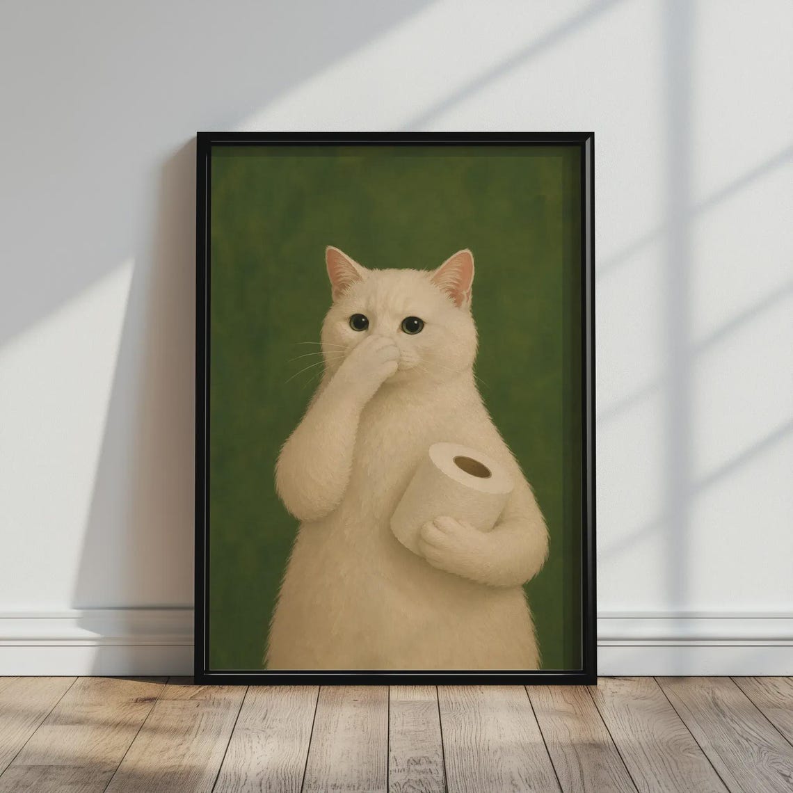 Funny White Cat Holding Toilet Paper Roll Pinching Nose Bathroom Print