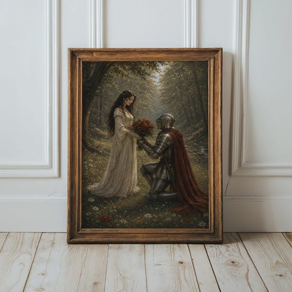 Fantasy Wall Art Fairytale Medieval Knight And Princess Print Serene Romantic Couple Moody Poster Home Decor