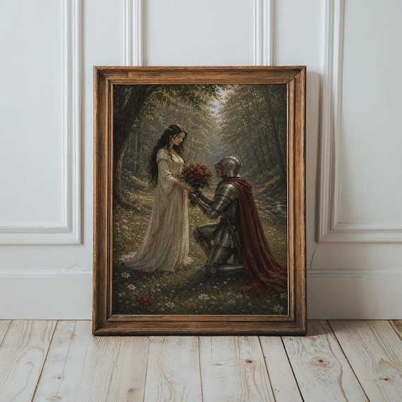 Medieval Knight Proposing to Princess in Forest Fantasy Art Print