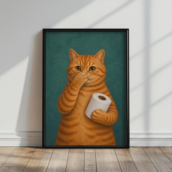 Orange Tabby Cat Bathroom Poster Funny Toilet Paper Wall Art Quirky Animal Print Teal Powder Room Decor Lover Gift