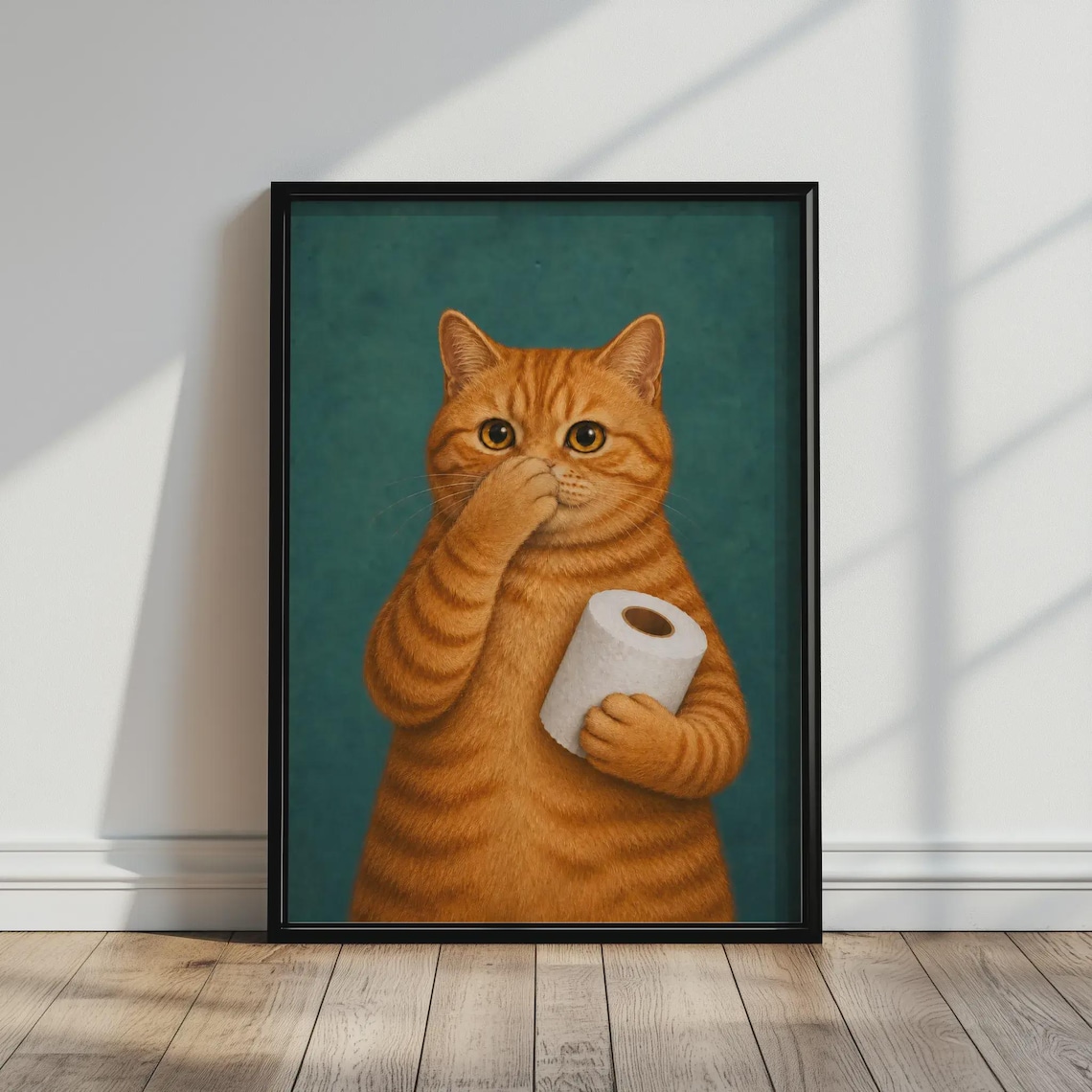 Funny Orange Tabby Cat Holding Toilet Paper Quirky Teal Bathroom Art Poster