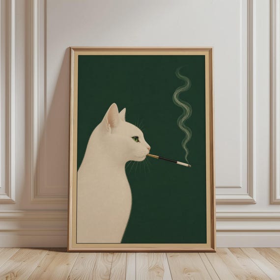 Vintage Wall Art Elegant Smoking White Cat Retro Print Minimalist Quirky Funny Animal Poster For Kitchen Bar Cart Decor