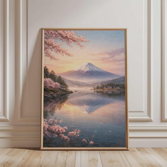 Landscape Wall Art Mount Fuji At Sunrise Print Cherry Blossom Tree Romantic Serene Nature Calming Japanese Misty Lake Poster