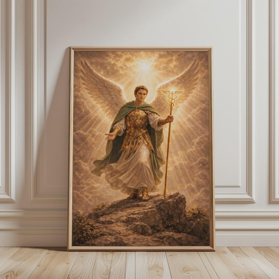 Archangel Raphael Golden Wings Heavenly Light Religious Wall Art