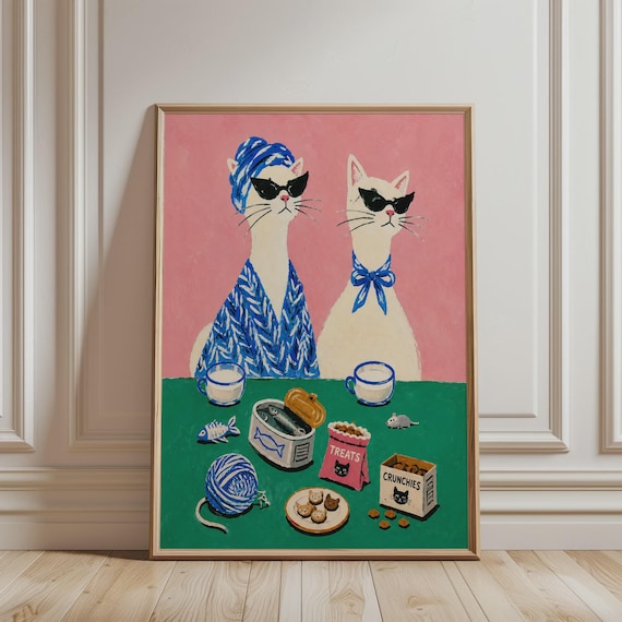 Retro White Cats Dining Room Art Print