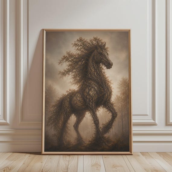Tree Horse Wall Art Surreal Forest Animal Print Dark Boho Mythical Creature Mystic Nature Poster For Spiritual Home Decor