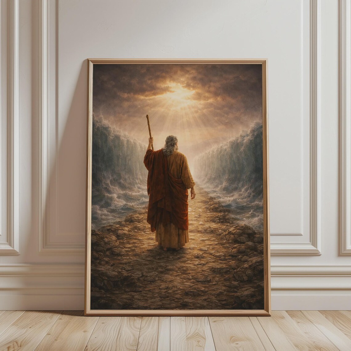 Moses Parting The Red Sea With Raised Staff Exodus 14 Biblical Wall Art