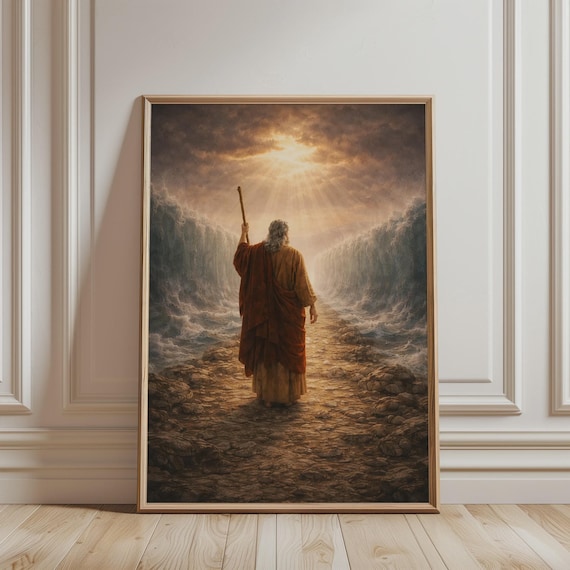 Moses Parting The Red Sea With Raised Staff Exodus 14 Biblical Wall Art