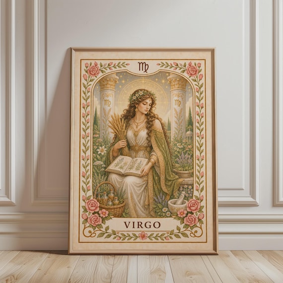Spiritual Wall Art Virgo Zodiac Print Boho Floral Astrology Mystic Botanical Vintage Poster For Celestial Home Decor