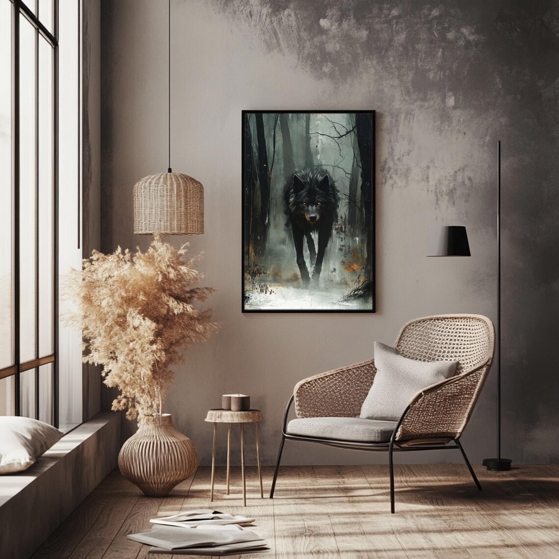 Black Wolf in Misty Forest, Oil Painting Art Print - Image 3