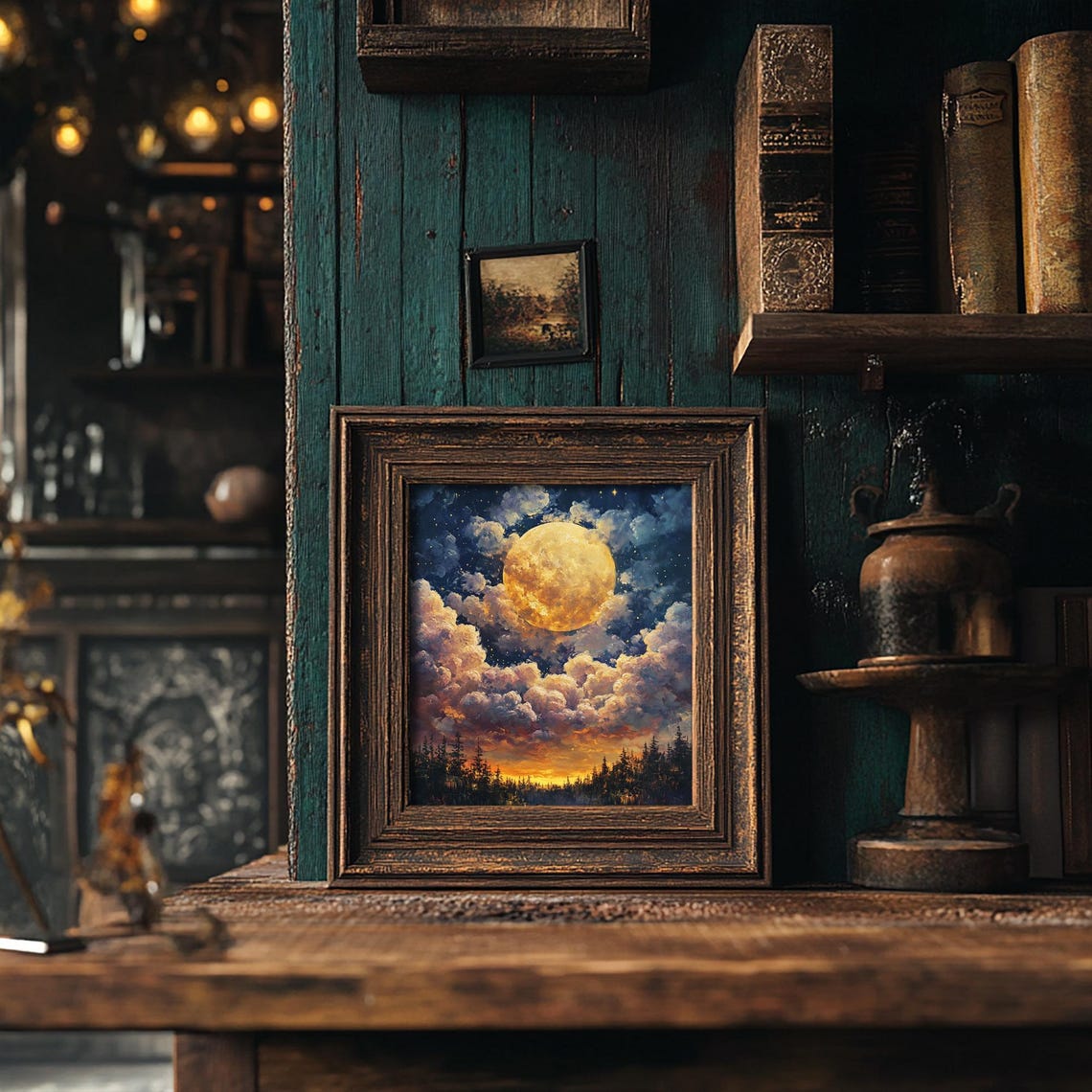 Misty Golden Full Moon Among Clouds Starry Night Forest Art Print - Image 2